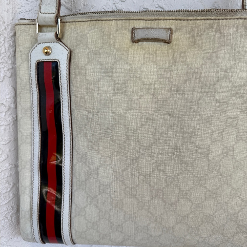 Gucci Beige Monogram Shoulder Bag with Red and Black Stripe